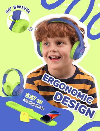 iClever Бездротові навушники для дітей з LED-підсвіткою, обмеження гучності 74/85 дБ, 43 години роботи, стерео звук, Type-C, AUX-кабель, Bluetooth 5.3, для планшетів/подорожей (зелено-блакитний)