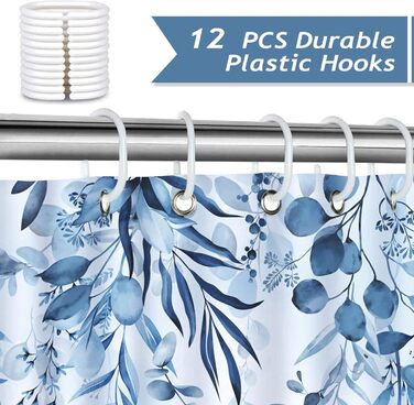 Шторка для душу Bonhause з зеленими листками та рослинами, 180 x 180 см, антигрибкова, водонепроникна, з поліестеру, придатна для прання, для ванної кімнати, з 12 гачками (180 x 180 см, 1 шт.), блакитна Евкаліптус