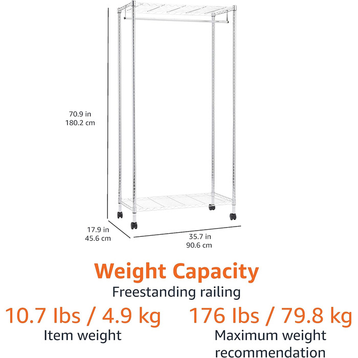 Amazon Basics Clothes Rack with Upper and Lower Shelves, 91 x 45.6 x 180.2 cm (Chrome, Single)