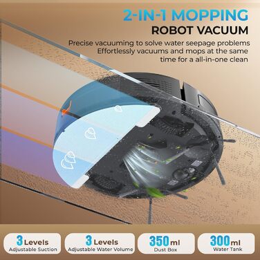 Робот-пилосос з функцією миття, 4200Pa, 130 хв роботи, для високих порогів, гладких поверхонь та тиха робота, система захисту від заплутування, керування через додаток/Alexa/Wi-Fi, для шерсті тварин, килимів та підлоги, чорний