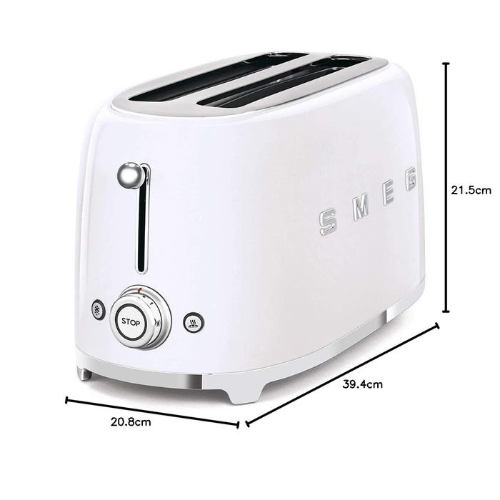 Тостер Smeg TSF02PBEU: 2 слоти, 4 тости, 6 рівнів підсмажування, функції розморожування та підігріву багелів, знімний піддон, 1500W, пастельно-блакитний