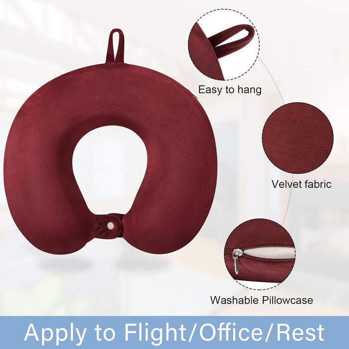 Подушка для шиї з Memory Foam, зручна для подорожей, U-подібна форма, підтримка шиї та голови, зменшує втому, портативна, для літаків, поїздів, авто (темно-червоний)