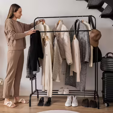 Металевий вішак для одягу Newlux Hangy Duo 30, до 24 кг, з полицею для взуття, чорний, 50x40x160 см, стійкий, легка збірка, захист підлоги