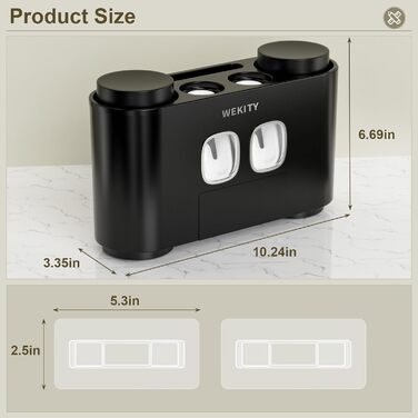 WREWING Toothbrush Holder, multifunctional, wall-mounted, automatic toothpaste dispenser & dust-proof toothbrush holder with 5 brush slots, 4 cups, 2 automatic toothpaste dispensers, 1