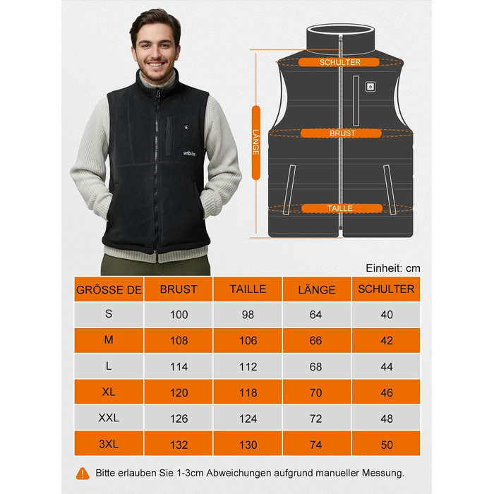 UNBON Грівальна жилетка для чоловіків, флісова жилетка з підігрівом, Powerbank 10000mAh, USB, 3 режими нагріву, 6 зон нагріву, чорний