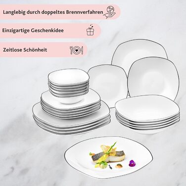 SÄNGER | 24-Piece Bilgola Black Rim Porcelain Dinnerware Set for 6 People, Dish Set Dishwasher Safe, Dinnerware with Dinner Plates & Bowls, White Dishware with Black Accents