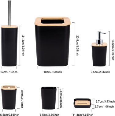 Bathroom Accessories Set - 6Pcs Bathroom Accessories Set made of Bamboo, Lotion Bottles, Toothbrush Holder, Tooth Cup, Soap Dish, Toilet Brush, Waste Bin