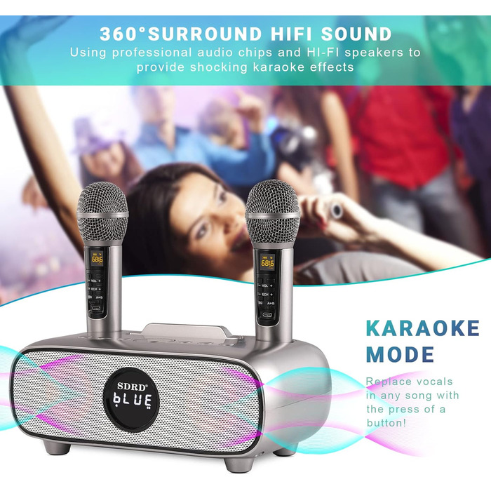 Караоке машина DLARA з Bluetooth, USB, TF-карта, мікрофон та динамік для дорослих та дітей, портативна, з підставкою, AUX-in, для дому та вулиці (блакитний/сірий)