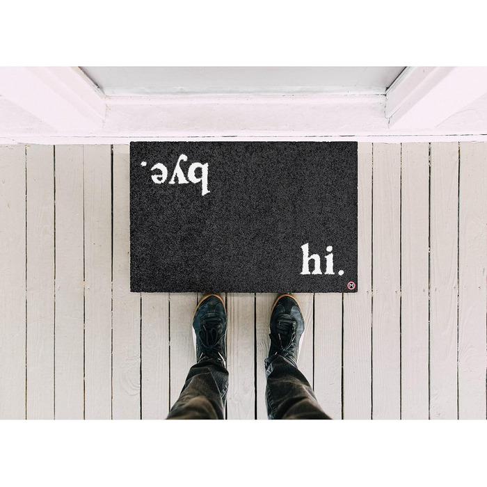 Hi Bye Doormat 75x50cm Black Made from Recycled Nylon Fibers - Durable Design Dirt Trapping Mat with Slogan - Washable Doormat for Indoor and Outdoor Use