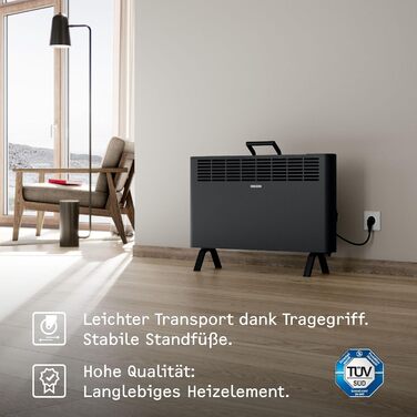 Електричний конвекторний обігрівач Stiebel Eltron 2 kW, для площі 25 м², з терморегулятором, на колесах, чорний, TÜV-сертифікований