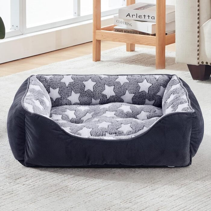 FURTIME Dog Bed - Medium Dogs, Dog Basket, Washable Dog Basket, Non-Slip Dog Beds, Fluffy Dog Mattress with Raised Edges, Soft Dog Sofa for Dogs, Cats - Black/Stars (M (63x53x20cm))