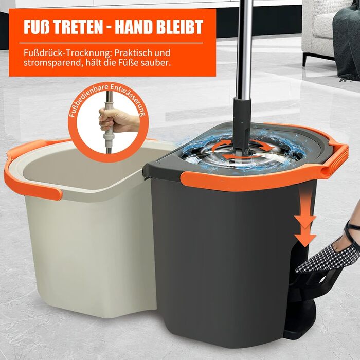 Набір для миття підлоги з відром, моп з функцією віджиму, складне відро з педаллю та 2-камерним відром, повний набір з 3 мікрофібрових насадок для ламінату, паркету та плитки (темно-сірий)