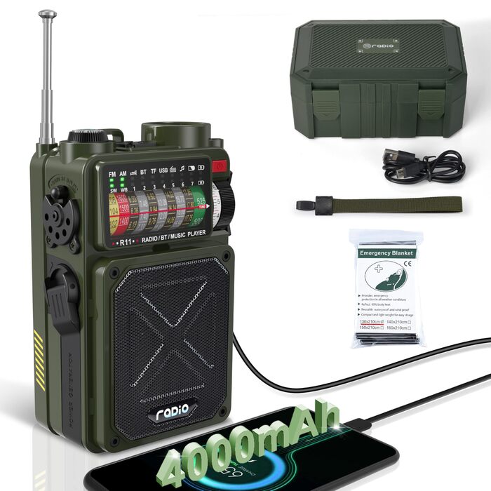 Радіо NOAA з живленням від сонця, USB, ручної динамо-машини 4000 mAh AM/FM/SW/WB – для кемпінгу та надзвичайних ситуацій, з ліхтариком та сигналом SOS
