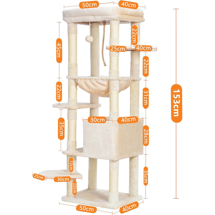 Драбина для котів Heybly Kratzbaum з лежаком, печерею та великими платформами, 50 x 50 x 153 см, бежева HCT050M
