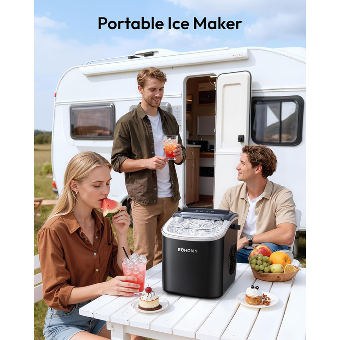 EUHOMY Ice Maker - портативний льодогенератор для дому, кухні, кемпінгу, RV. Швидке приготування (9 кубиків за 6 хв), 12 кг на день, самоочищення, з кошиком та лопаткою.