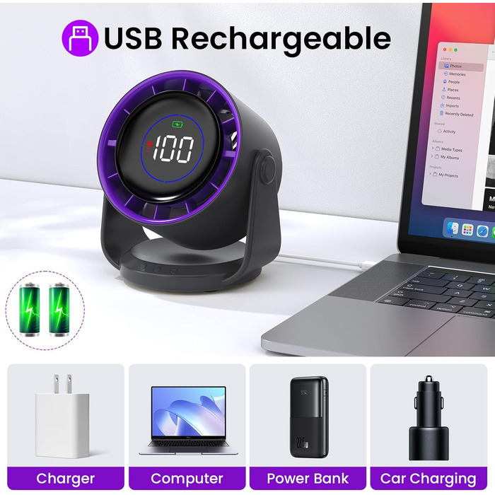 Настільний вентилятор Leise: тихий, перезаряджається через USB, ефективне охолодження, 100 швидкостей, компактний, портативний, кут нахилу 105°, LED дисплей, для офісу та подорожей