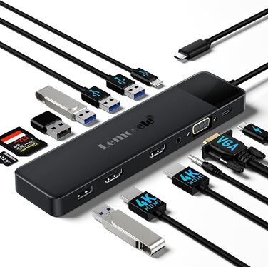 Lemorele USB-C хаб 14-в-1: док-станція з 3 портами дисплея (2 HDMI 4K + VGA), 5 USB-портів (3x USB 3.0), 100W PD, SD/TF кардрідер, аудіо, сумісна з MacBook, Dell, Windows