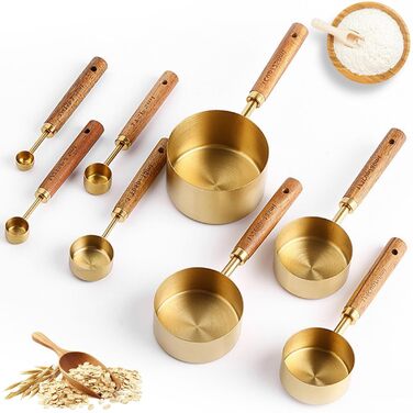 Набір мірних стаканів і ложок 8 шт, нержавіюча сталь золото з дерев'яною ручкою, метричні та американські одиниці, для приготування їжі, випічки та напоїв (60мл - 250мл)