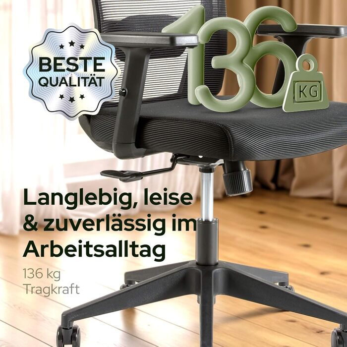 Офісний крісло Arebos ергономічне, з регульованою підголівником, підлокітниками, підтримкою попереку, функцією гойдання, поворотне крісло з сітчастою спинкою, для здоров'я спини, до 136 кг