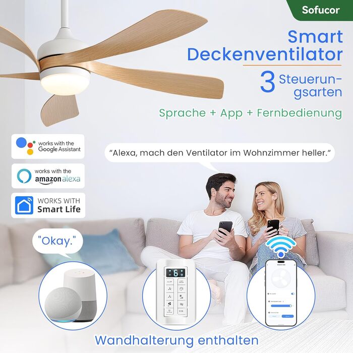 Стельовий вентилятор Sofucor Smart з підсвічуванням 132 см, управління Alexa/APP, пульт, 3 режими світла, таймер, 6 швидкостей, DC мотор, для вітальні