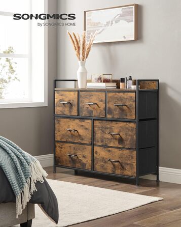 SONGMICS Chest of Drawers, Cabinet, 7 Fabric Drawers with Handles, Metal Frame, Industrial Design, Vintage Brown-Ink Black LTS137B01
