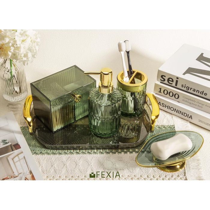 Набір аксесуарів для ванної кімнати FEXIA (5 шт.) - зелений декор у стилі бохо, органайзер для зубних щіток, дозатор мила, лосьйону