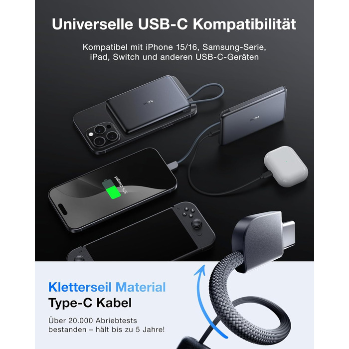 Портативний зарядний пристрій TORRAS Slim Powerbank 10000mAh з кабелем USB-C, 22.5W PD3.0, для iPhone, Samsung, AirPods, білий