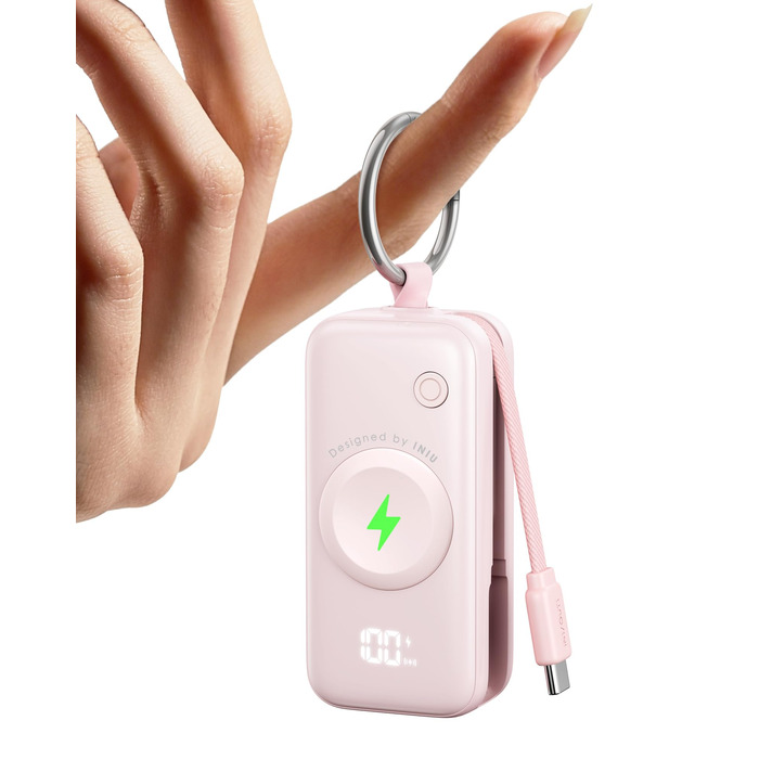 Power Bank INIU для Apple Watch, 5000mAh, вбудований кабель, LCD-дисплей, сумісний з iWatch 10/9/8/Ultra2/Ultra/SE, iPhone 16/15, рожевий