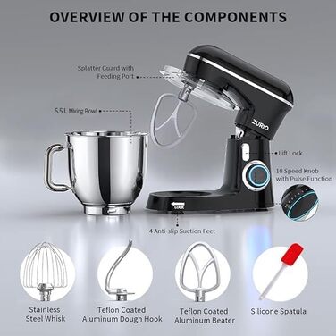 Stand Mixer, 1300W Zurio 5.5L Stand Mixer, 10-Speed Robot Mixer with Quiet Kneading Function, Includes Accessories: Dough Hook, Whisk, Black Mixer
