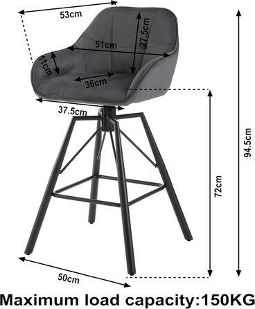 WOLTU 2-Piece Bar Stool Set - Swivel Barstools with Backrest & Footrest - Velvet Upholstered Metal Bar Chairs - Dark Grey