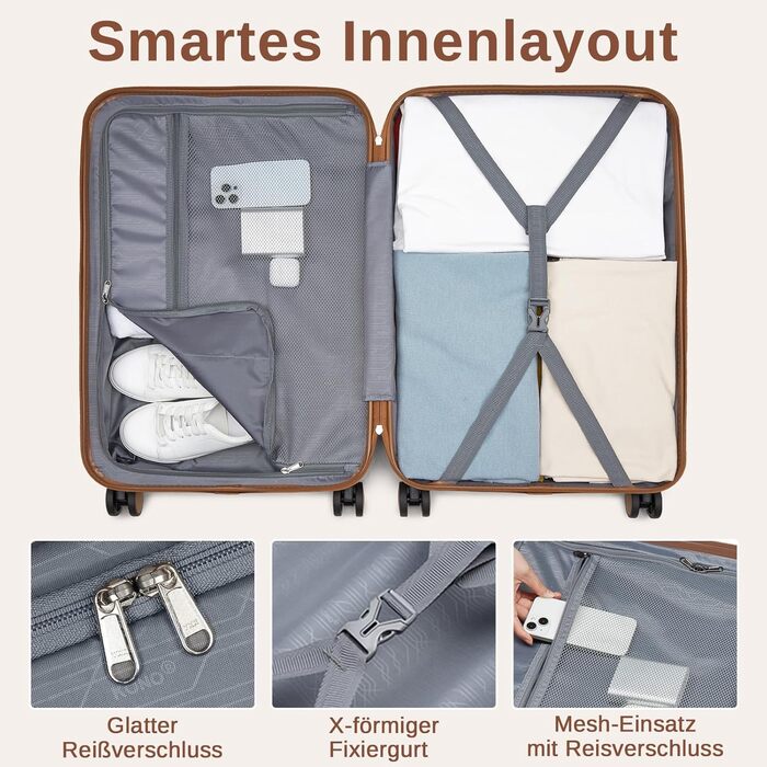 KONO Чемодан-валіза на коліщатках середнього розміру (66 см) з ABS+PC, з замком та подвійними колесами (Темно-зелений/Коричневий)