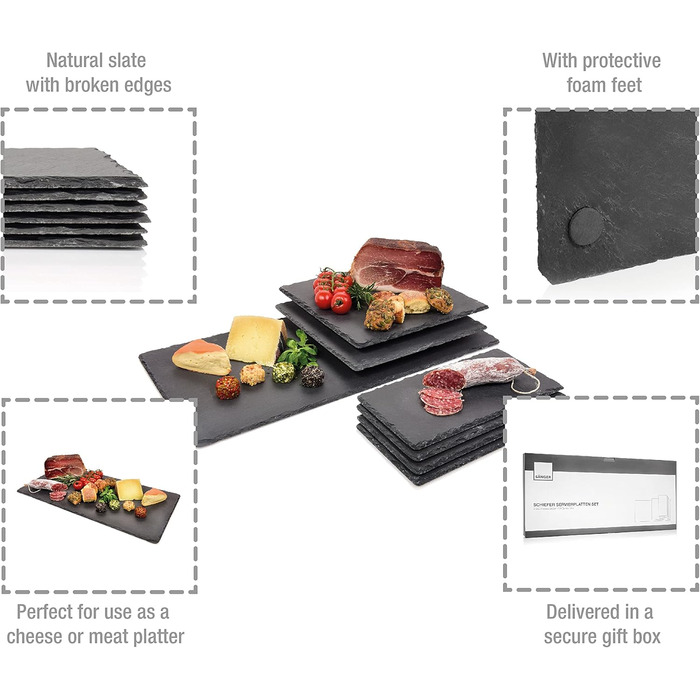 Singer | Slate Serving Tray, 7-Piece Set, Cheese and Snack Serving Tray, Slate Serving Tray, Chalkboard Slate, Decorative Tray, Slate Board in Multiple Sizes, Tray | Anthracite