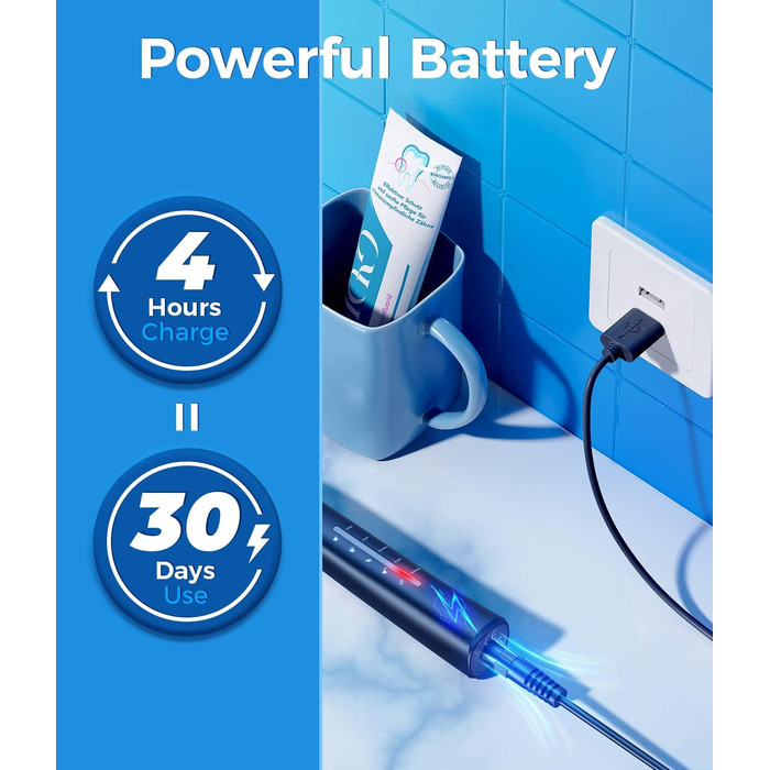 Електрична зубна щітка Demita зі звуковими вібраціями, 8 насадок, 40000 VPM, 5 режимів, швидка зарядка (30 днів роботи), чорний (S1)