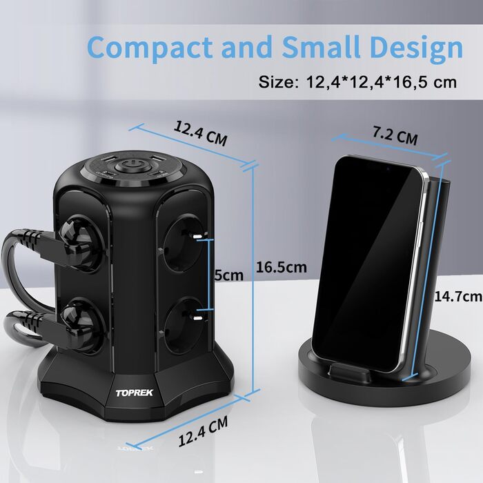 Многорозеткова смуга з USB, 8 розеток, з вимикачем, 4000W/16A, захист від перенапруги, 5м кабель, чорний колір