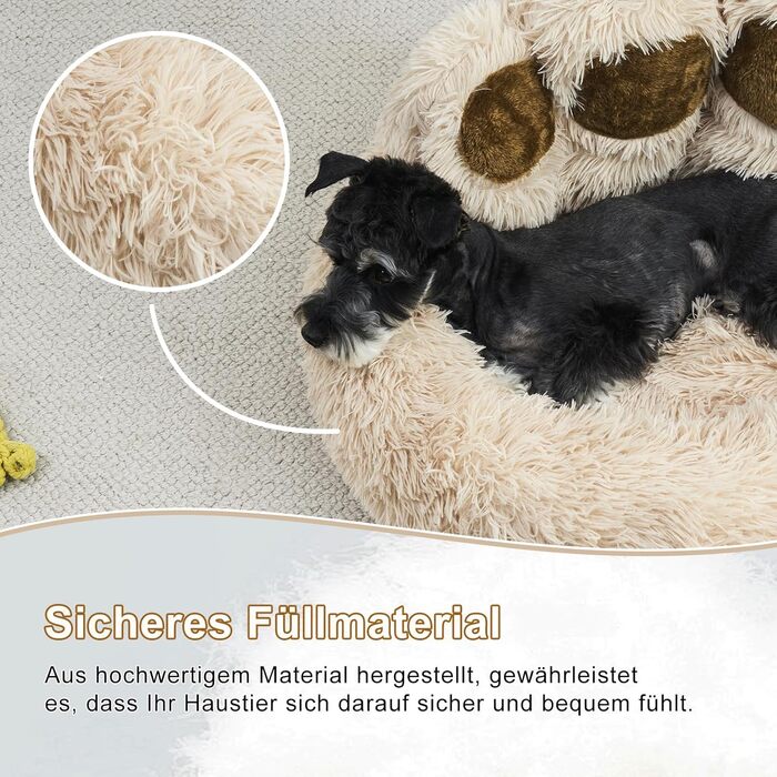 Jiupety Pet Round Dog Bed in Paw Shape, Soothing Donut Dog Bed, Faux Fur Cat Bed, medium size. The diameter is 56cm, comfortable and soft, machine washable (L 56 cm x W 56 cm x H 15 cm, Camel)