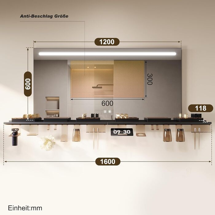 Дзеркало для ванної кімнати SONNI з підсвічуванням 120x60 см, 3 кольори світла, антизапар, годинник, температура, LED, сенсорне управління, білий (полиця 160л, темно-сірий + верхнє світло)