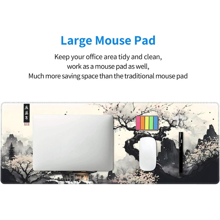 Килимок для миші для геймінгу, чорний, з принтом Канагава, великий, 80 x 30 см, нековзна гумова основа, водонепроникний, з прошитими краями, для геймінгу, офісу, дому