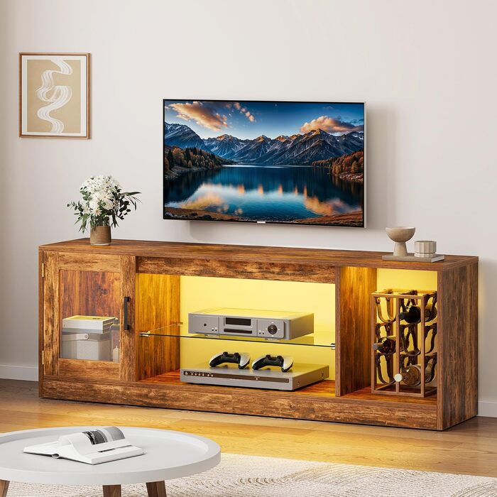 YITAHOME ТВ-тумба ретро з дерева, 148×32×51 см, з регульованою скляною полицею, LED RGB підсвіткою 144 см, пультом ДУ, коричнева