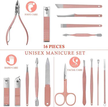 Набір для манікюру та педикюру 16 в 1: професійний набір для манікюру та педикюру з нігтьовими кусачками та ножицями, рожевий