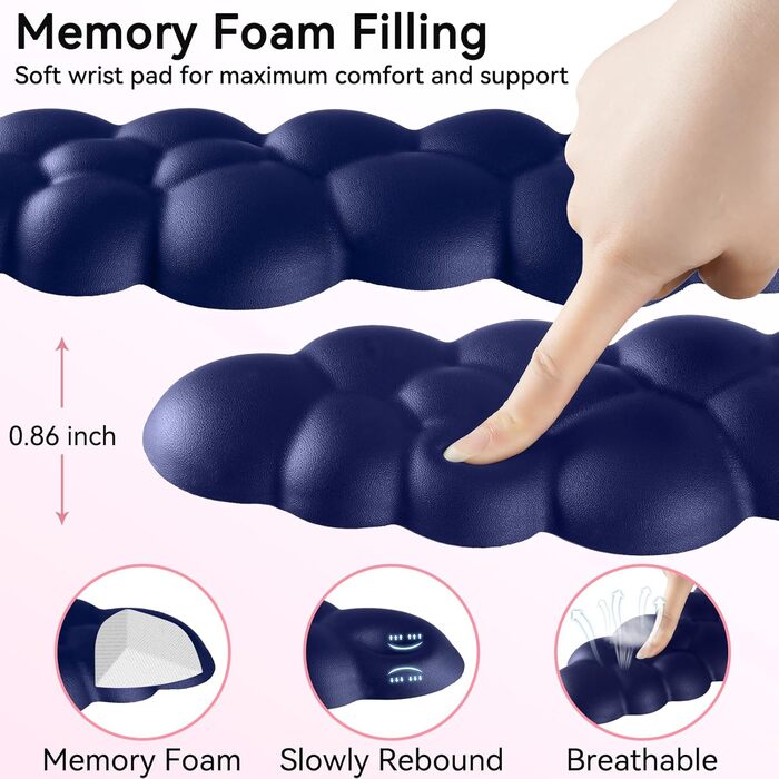 Набір ергономічних підставок для зап'ясть Sushret з ефектом пам'яті (Memory Foam): підставка під клавіатуру та килимок для миші, протиковзні, для геймінгу та офісу, темно-синій, для повнорозмірного формату