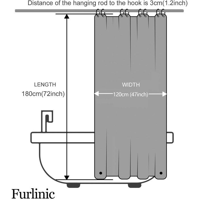 Шторка для душу Furlinic Anti-Schimmel, водонепроникна, прозора, EVA, 120x180 см, 3D ефект ромбу, 8 прищіпок, з камінням