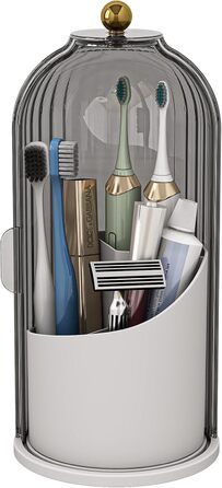 Dustproof Toothbrush Holder with Cover, Rotating Holder for Electric Toothbrush and Toothpaste for Bathroom Countertop, 3 Compartments, Makeup Brush Organizer, Complete (Gray, White)