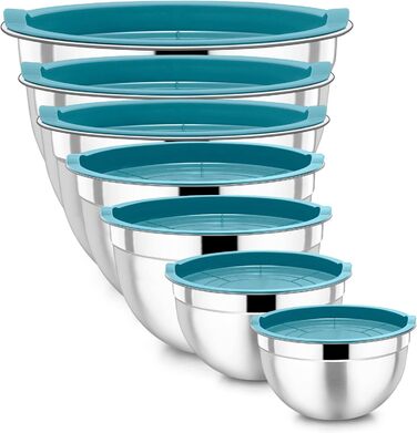 Homikit Mixing Bowls, 7-Piece Stainless Steel Bowl Salad Bowl Set with Airtight Lid for Cooking/Baking/Serving, Nesting, Dishwasher Safe, 6.5/4.5/2.7/2.5/1.5/1.2/0.7L, Blue