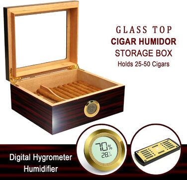 Вишуканий цигарковий вологий ящик (гумодор) ручної роботи з іспанського кедра, цифровим гігрометром, зволожувачем та роздільниками. Подарунок для чоловіків (30-50 сигар). Чорний колір.
