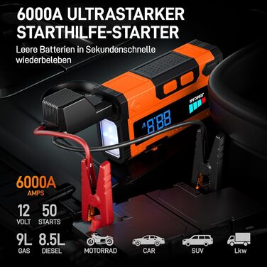 Powerbank для запуску автомобіля JDMCAR JM02: 6000A, 12V, LCD, LED, для бензинових та дизельних авто (до 9L/8.5L)