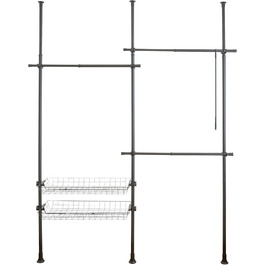 WENKO Telescopic System Hercules Duo, 3 Clothes Rails, 2 Storage Baskets, Extendable, Powder-Coated Metal, 164-215 x 165-300 x 38 cm, Matte Black
