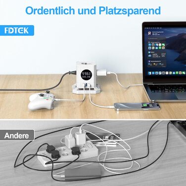 Багатофункціональний USB-хаб FDTEK з 1 USB-C та 2 USB-A, 7 розеток, LCD-дисплей, 1.8м кабель, 2500W/10A, білий