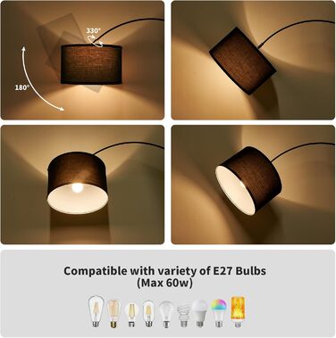 Торшер для вітальні JASMIN I з LED E27, чорний абажур 33 см, з вимикачем на нозі, торшер-арка, вінтажний стиль, підходить для спальні, готелю