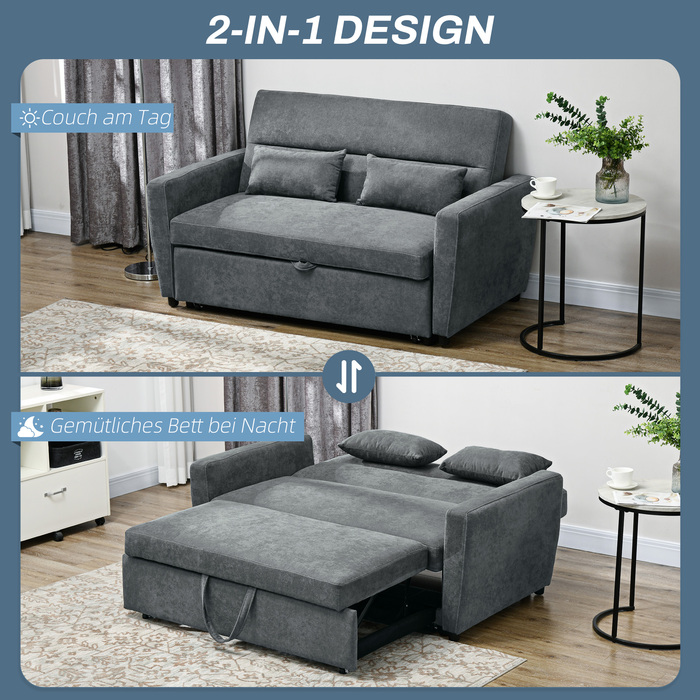 HOMCOM Sleeper Sofa, 2-Seater, Convertible, Up to 200 kg, Wooden Frame, 155x90x88.5cm, Dark Grey