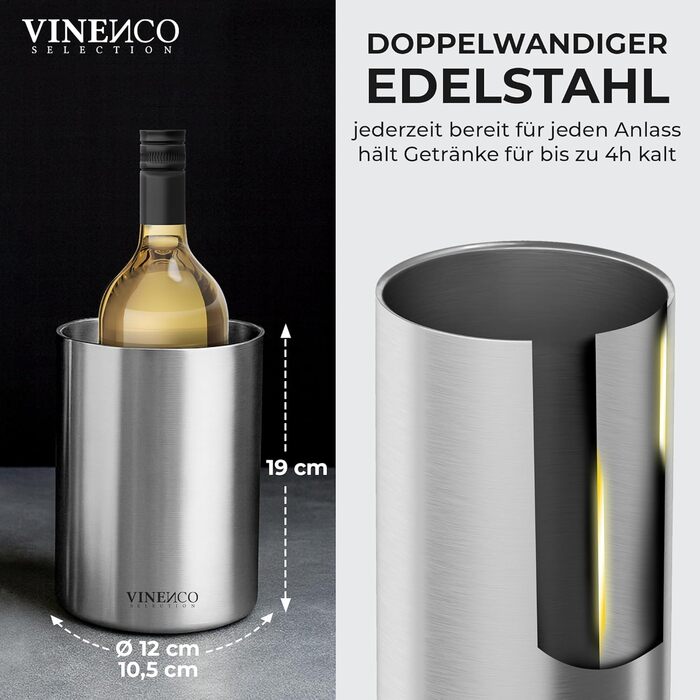 Охолоджувач для вина Vinenco з нержавіючої сталі, для шампанського та секту, з подвійними стінками, ізольований | Охолоджувач для винних пляшок, білого вина, аксесуар для вина, подарунковий набір для чоловіків та жінок